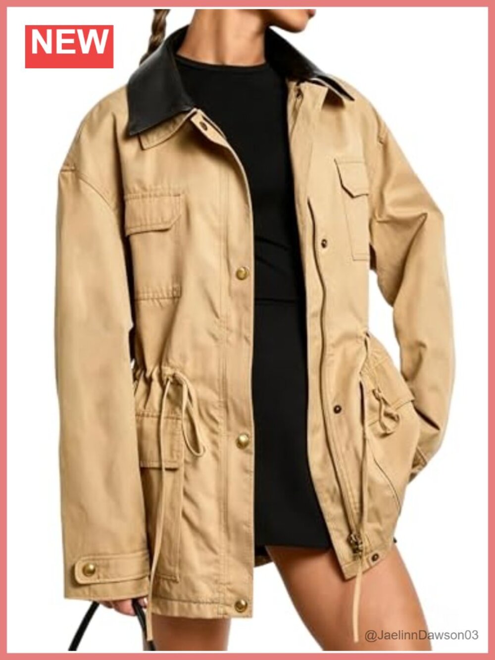 Faux Leather Collar Utility Jacket Button Zip Up Drawstring Waist